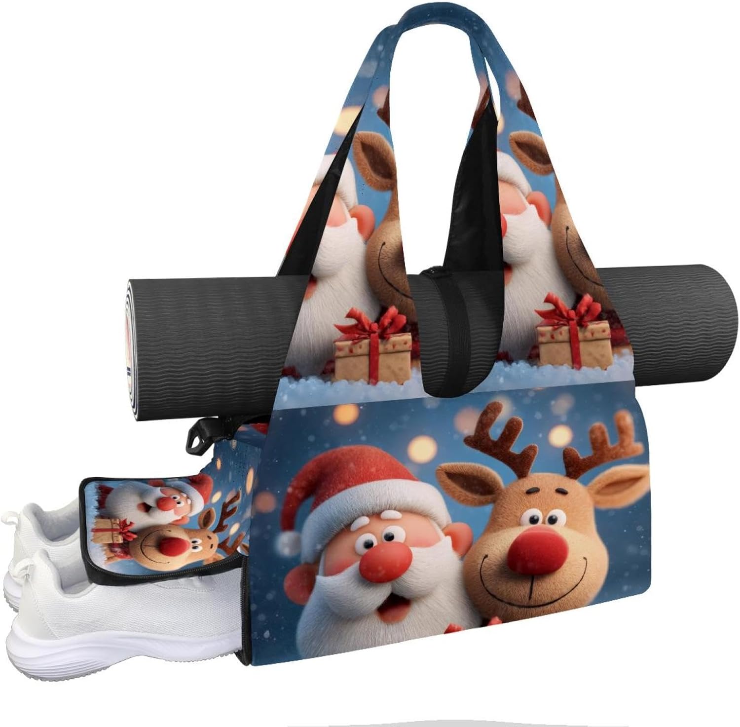 Yoga Mat Bag, Gym Workout Bag with Shoe Compartment, Santa Deer Xmas Pilates Bag for Women, Quick Access Storage Yoga Tote Bag for Sports Travel Office