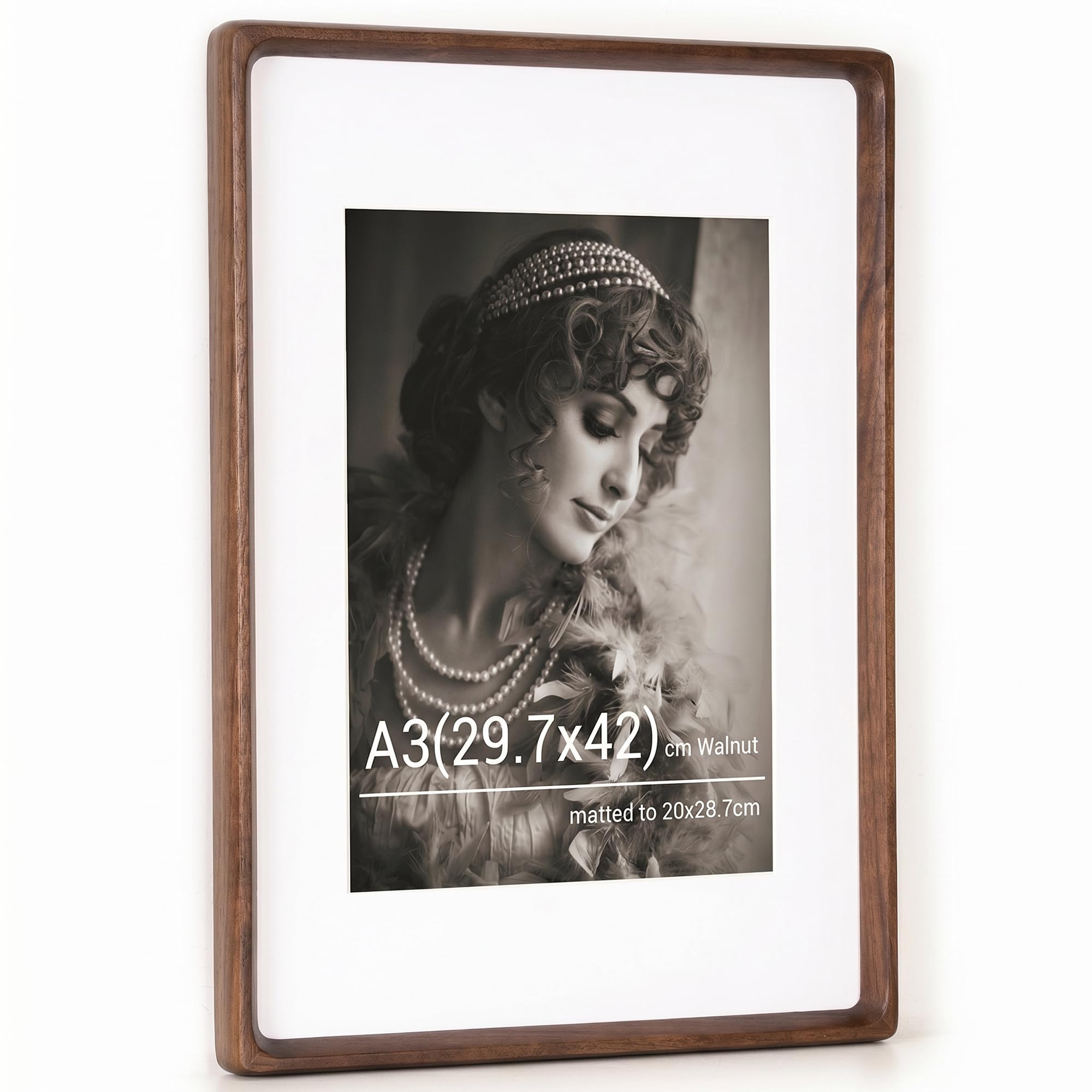 A3 Picture Frame, Natural Walnut Wood Photo Frames with HD Tempered Glass, Handcrafted Rounded Corner A3 Wooden Frame Matted to A4 Photos, Tabletop or Wall Display