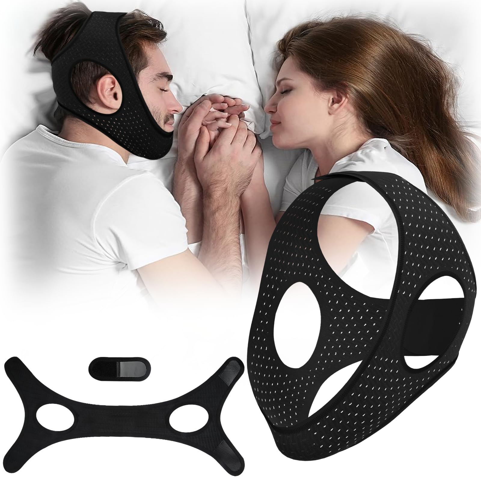 Anti Snore Chin Strap for Sleeping, Chin Strap for Snoring, Comfortable Stop Snoring Solution, Anti Snoring Device for Men and Women, Double Airflow Jaw Strap Breathable and Reusable, Black