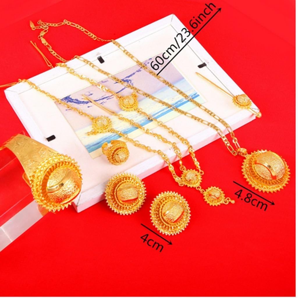 24K Gold Ethiopian Set Jewelry Pendant Chain Clip Earring Ring Bangle Hair Piece African Habesha