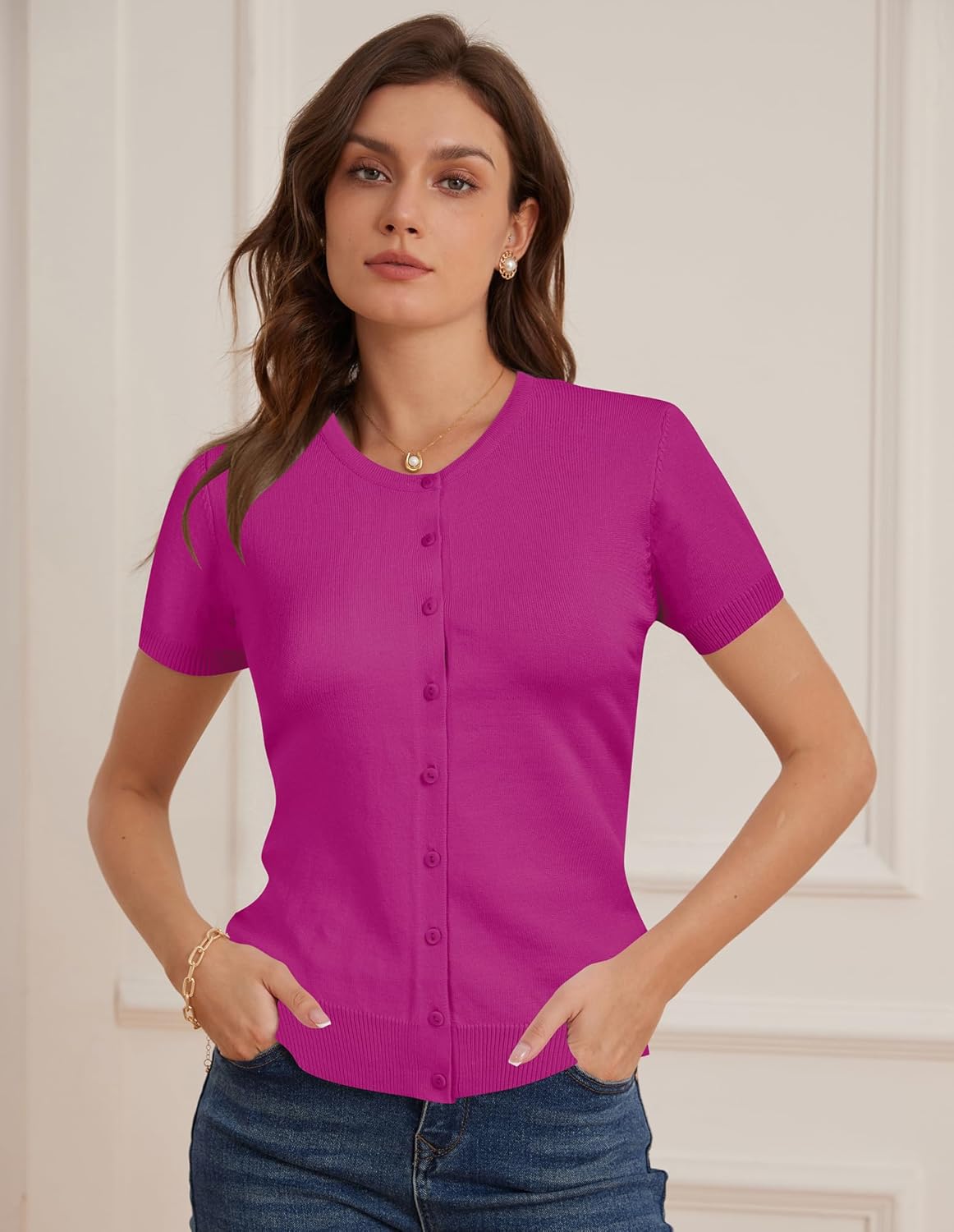 GRACE KARIN Short Sleeve Cardigans for Women, 2026 Summer Knitted Sweater Tops, Basic Crew Neck Crop Outfits - Image 2