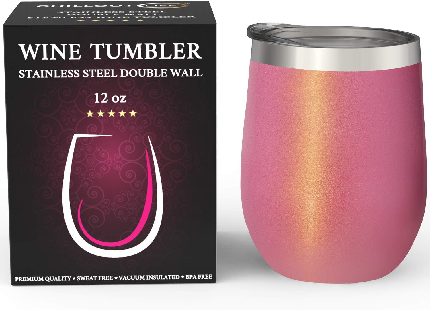 CHILLOUT LIFE 12 oz Stainless Steel Tumbler with Lid & Gift Box - Wine Tumbler Double Wall Vacuum Insulated Travel Tumbler Cup for Coffee, Wine, Cocktails, Ice Cream - PINK SPARKLE - Image 2