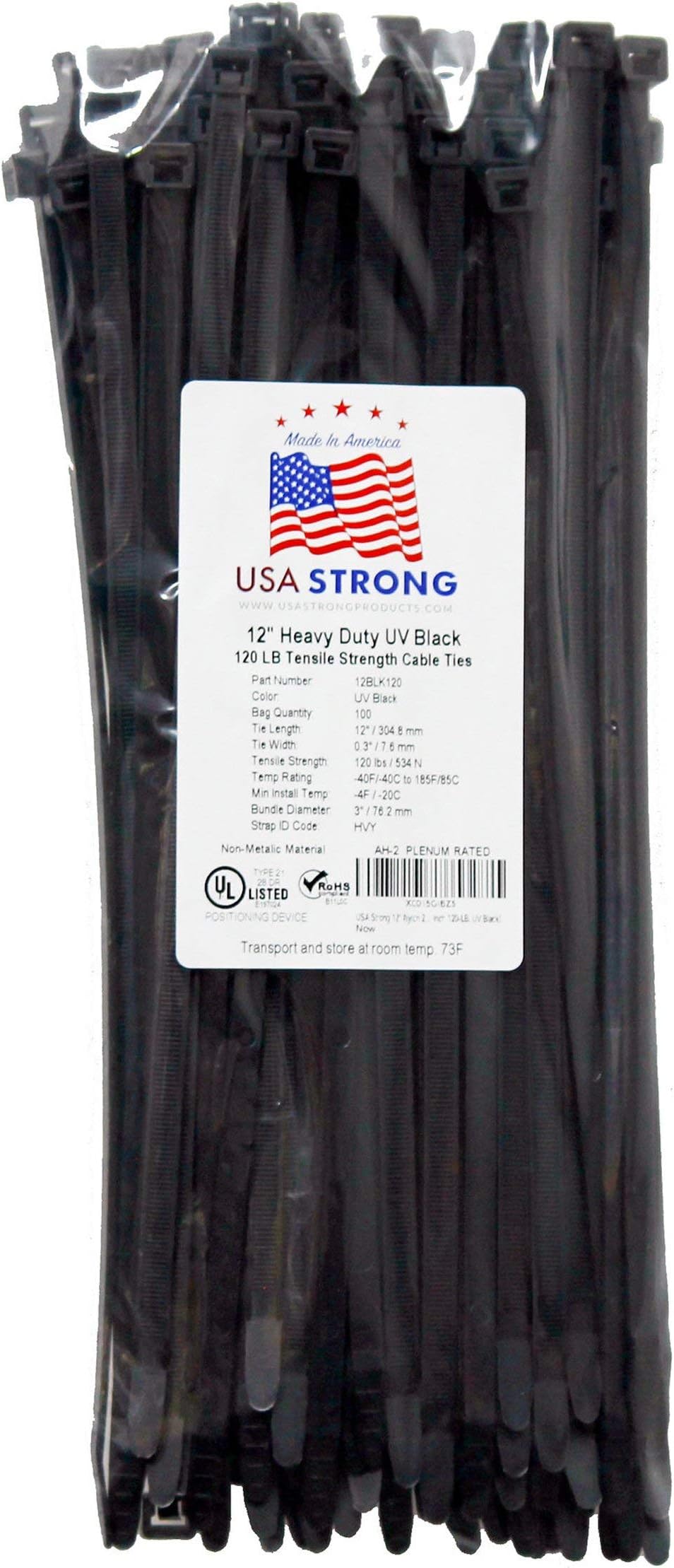 Heavy Duty Cable Zip Ties. Durable strong nylon tie wraps, 120 LB Tensile Strength (12 Inch 100 Pack, UV Black)