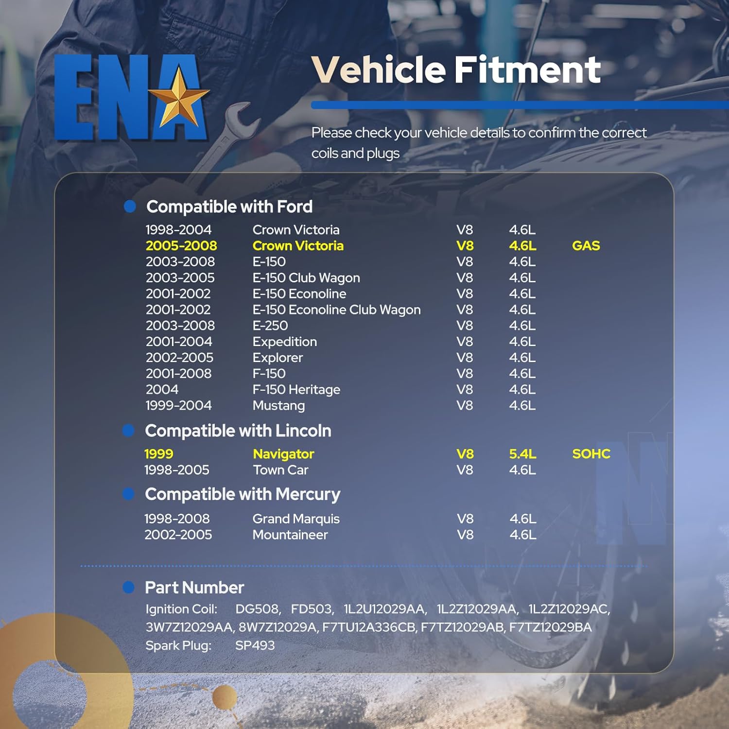 ENA Set 8 Yellow Ignition Coil Pack and Platinum Spark Plug Compatible with Lincoln Mercury Ford F150 E150 E250 Expedition Explorer Crown Victoria Town Car 4.6L 5.4L V8 Replacement for DG508 SP493