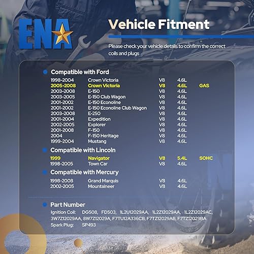 Miniatura 2 de ENA Juego de 8 bobinas de encendido amarillas y bujía de platino compatibles con Lincoln Mercury Ford F150 E150 E250 Expedition Explorer Crown