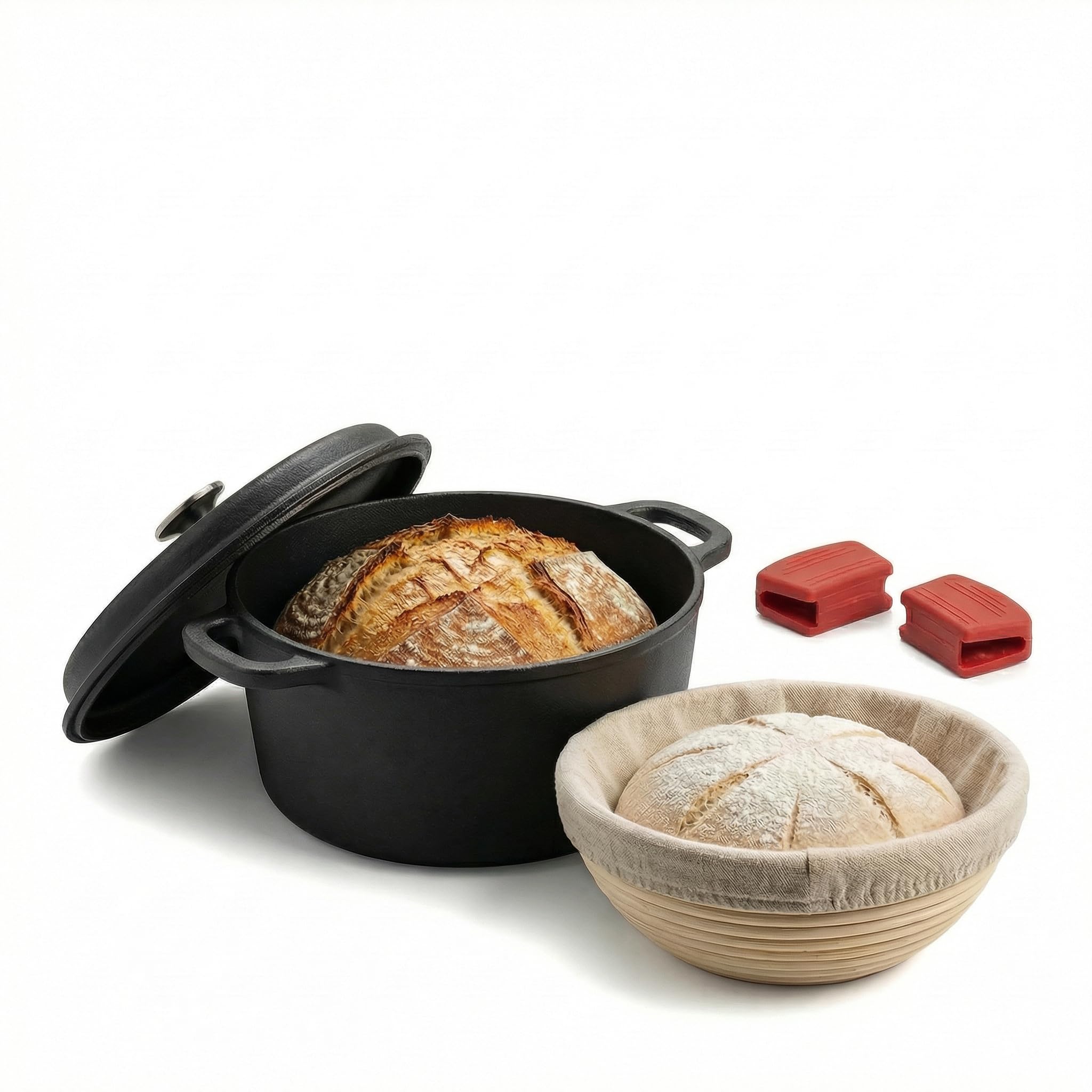 26 cm Gusseisen Brotbacktopf mit Deckel inkl. Rattan Gärkorb Komplett-Set, Traditionelles Brotbacken Zuhause, Für knusprige Kruste & optimale Form, Robustes Brotback-Set mit Gärkorb & Rez