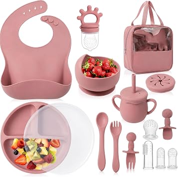 17-Pcs Baby Weaning Set, Baby Led Weaning Feeding Supplies for Toddlers,Baby Feeding Set, Baby Dinnerware Set, Baby Plates and Bowls Set   Pink  BPA Free Baby Gifts & Presents