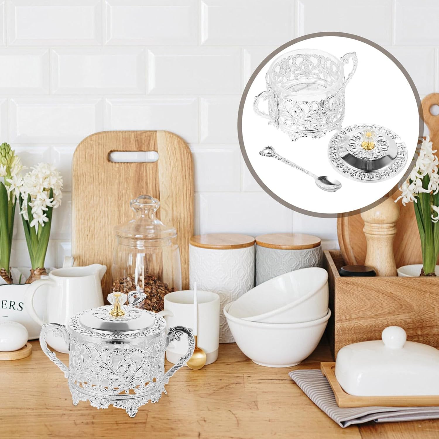 Kichvoe Glass Sugar Bowl with Spoon Airtight Storage Jar for Sugar Salt Pepper Condiments Kitchen Countertop Organizer 5.90 X 3.93 X 3.54 in