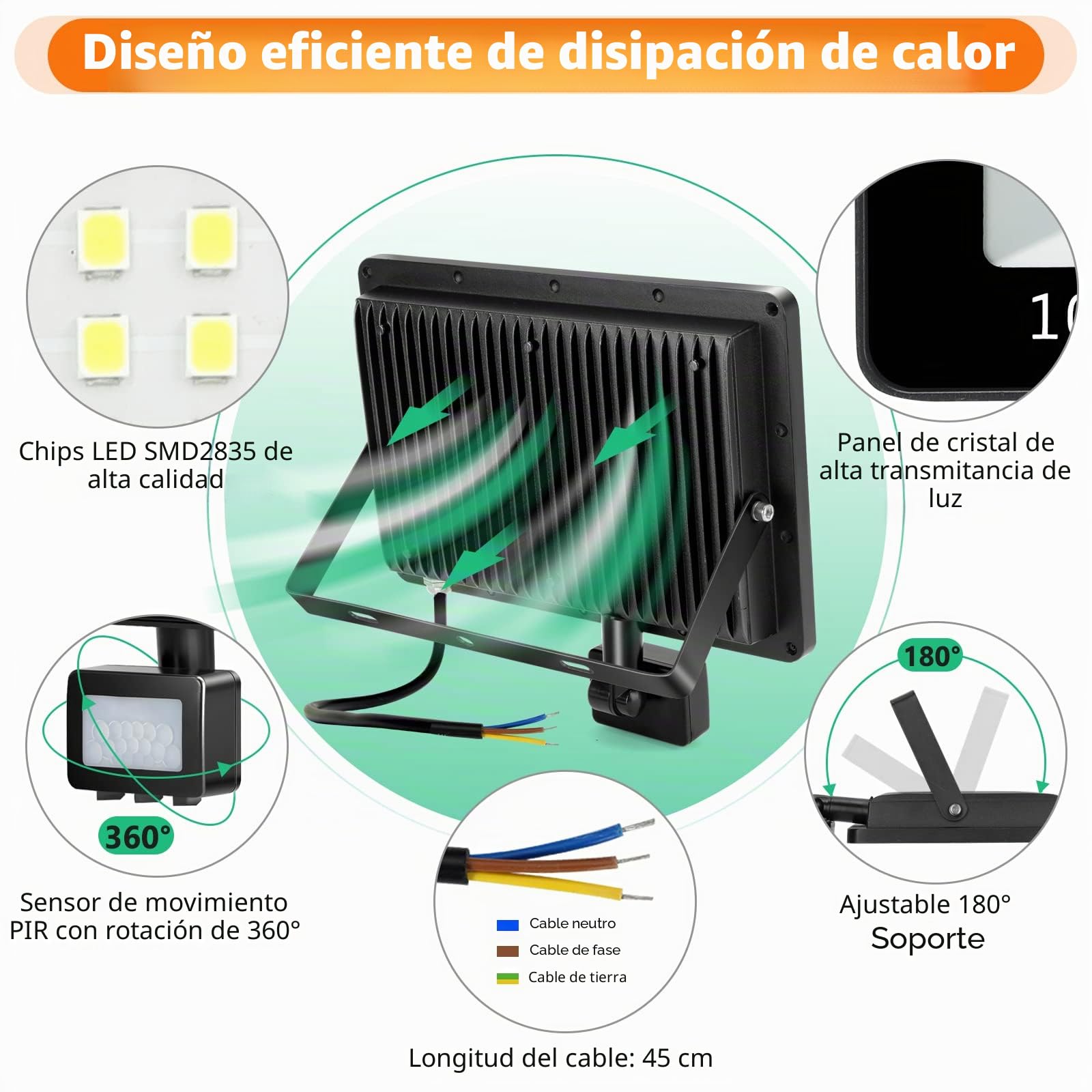 YIQIBRO Foco LED con Sensor de Movimiento 100W 2 Piezas, 10000LM 6500K Luz con Sensor de Movimiento, IP67 Impermeable Focos Exterior, Luces LED para Jardin Terraza Garaje Entrada
