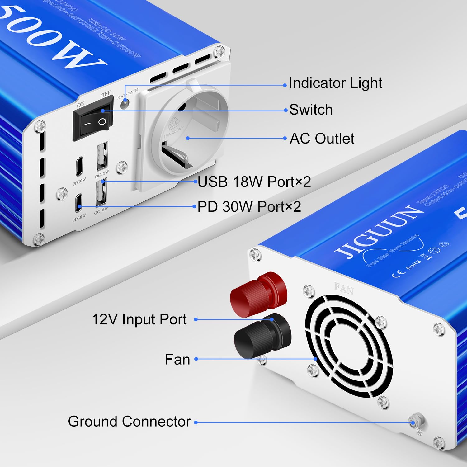 JIGUUN 500W Inversor 12V 220V Onda Pura Convertidor Inverter | Potencia máxima 1000W con 1 enchufe EU 2 puertos USB 2 puertos tipo C 30W para coche, camping, viajes y emergencias