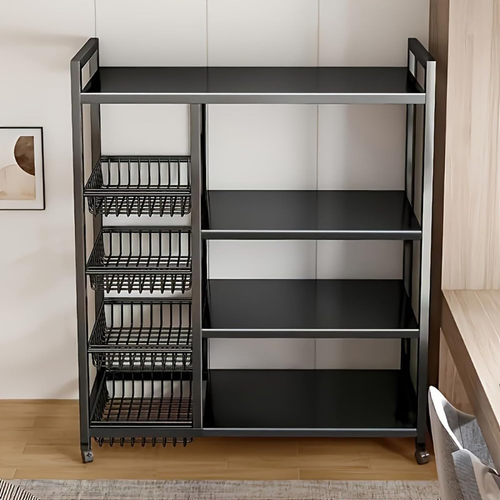 Estante de almacenamiento de metal, carrito ajustable de cuatro capas resistente con ruedas, organizador multifunción para cocina, sala de estar, dormitorio