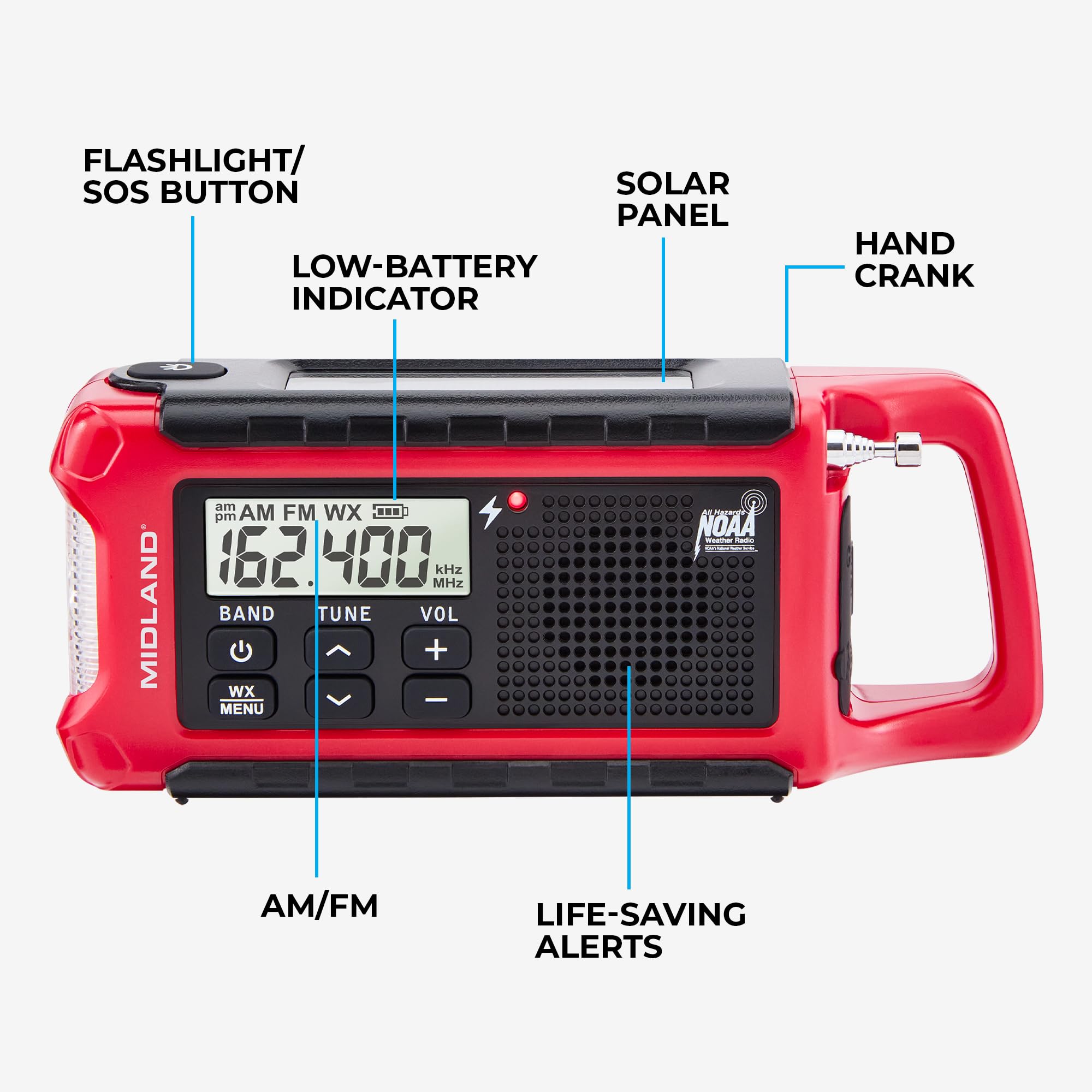 Midland ER210 NOAA Radio météo d'urgence – Compacte, manivelle, avertissements météo, radio AM/FM, plusieurs sources d'alimentation, lampe de poche d'urgence SOS