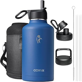 Coolflask Insulated Water Bottle 2L - 3 Lids with Straw & Spout & Handle, Leakproof Vacuum Stainless Steel Water Bottle for Sports, Travel, Gym, 48H Cold & 24H Hot, BPA Free, Heritage Blue