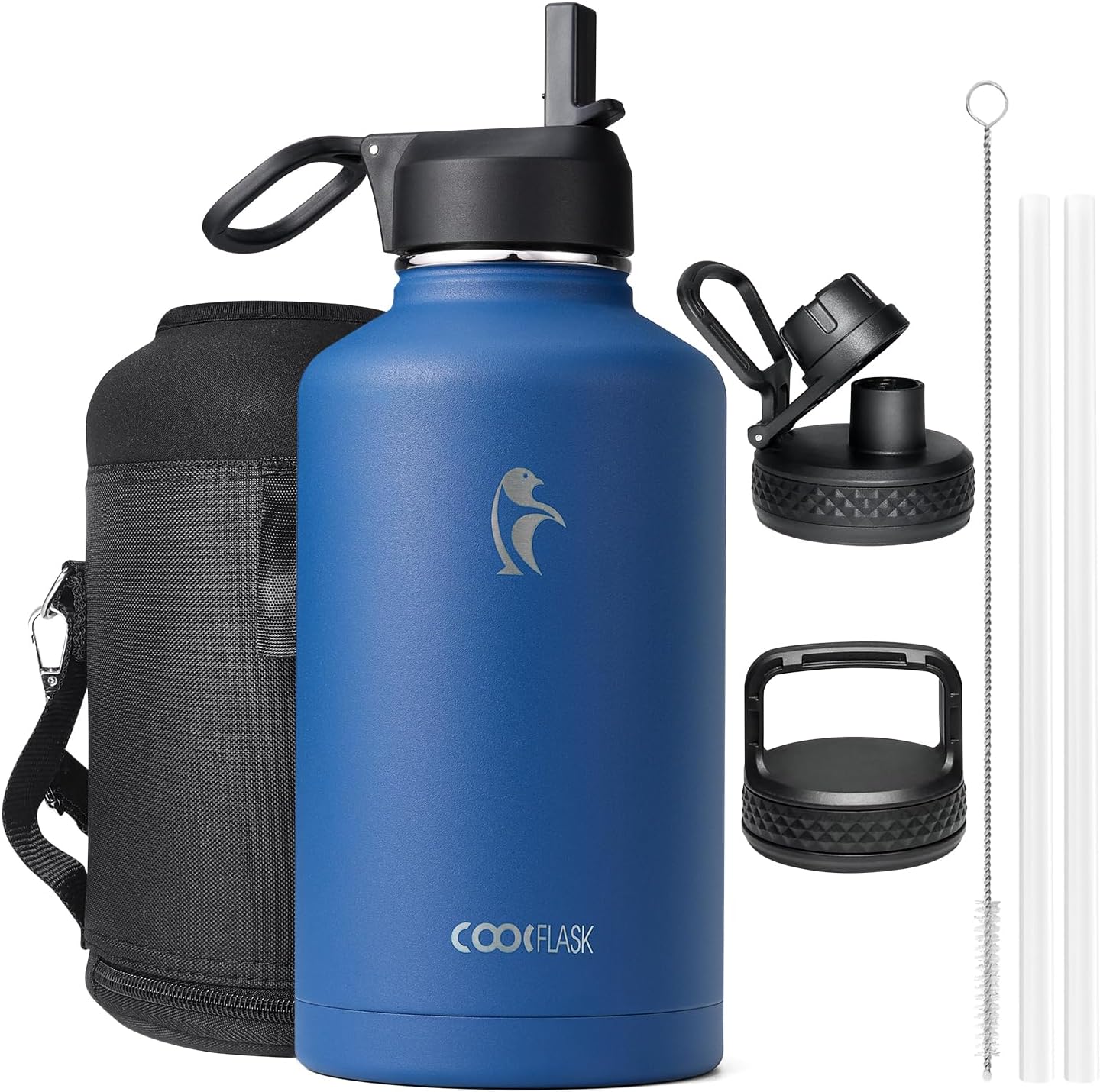 Coolflask Insulated Water Bottle 2L - 3 Lids with Straw & Spout & Handle, Leakproof Vacuum Stainless Steel Water Bottle for Sports, Travel, Gym, 48H Cold & 24H Hot, BPA Free, Heritage Blue