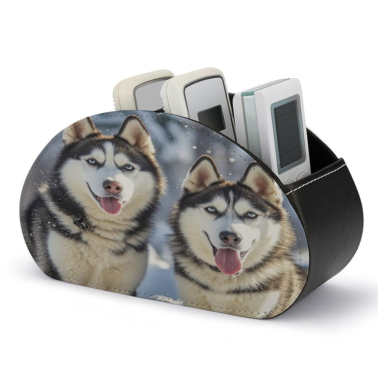 FekiLoot Leather TV Remote Control Holder with 5 Compartments Multifunctional TV Remote Holder Bedside Table Remote Caddy Storage Box Adorable Huskies Remote Organizer for Home Office