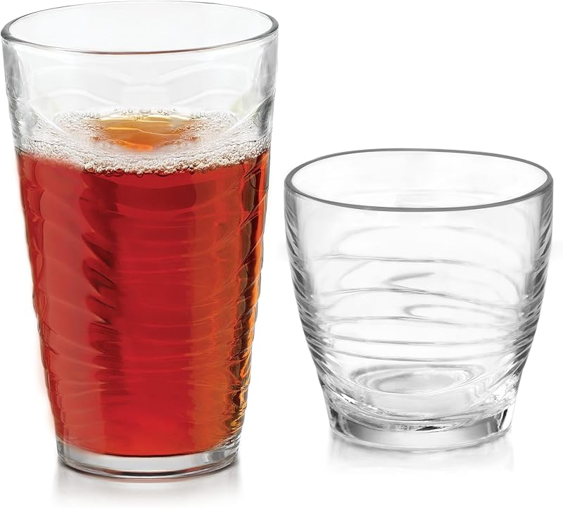 Juego de 16 vasos para beber Libbey Orbita Rocks and Tumbler, juego de vasos de vidrio duraderos con patrón de ondas, vasos de cristalería para cualquier ocasión