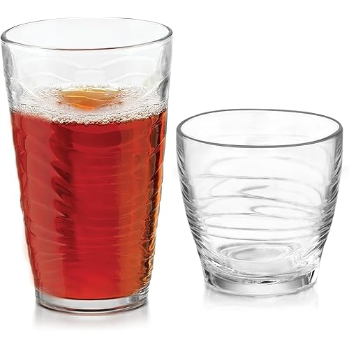 Libbey Orbita Rocks and Tumbler Drinking Glasses Set of 16, Durable Glass Cups Set with Wave Pattern, Glassware Drinking Glasses for Any Occasion