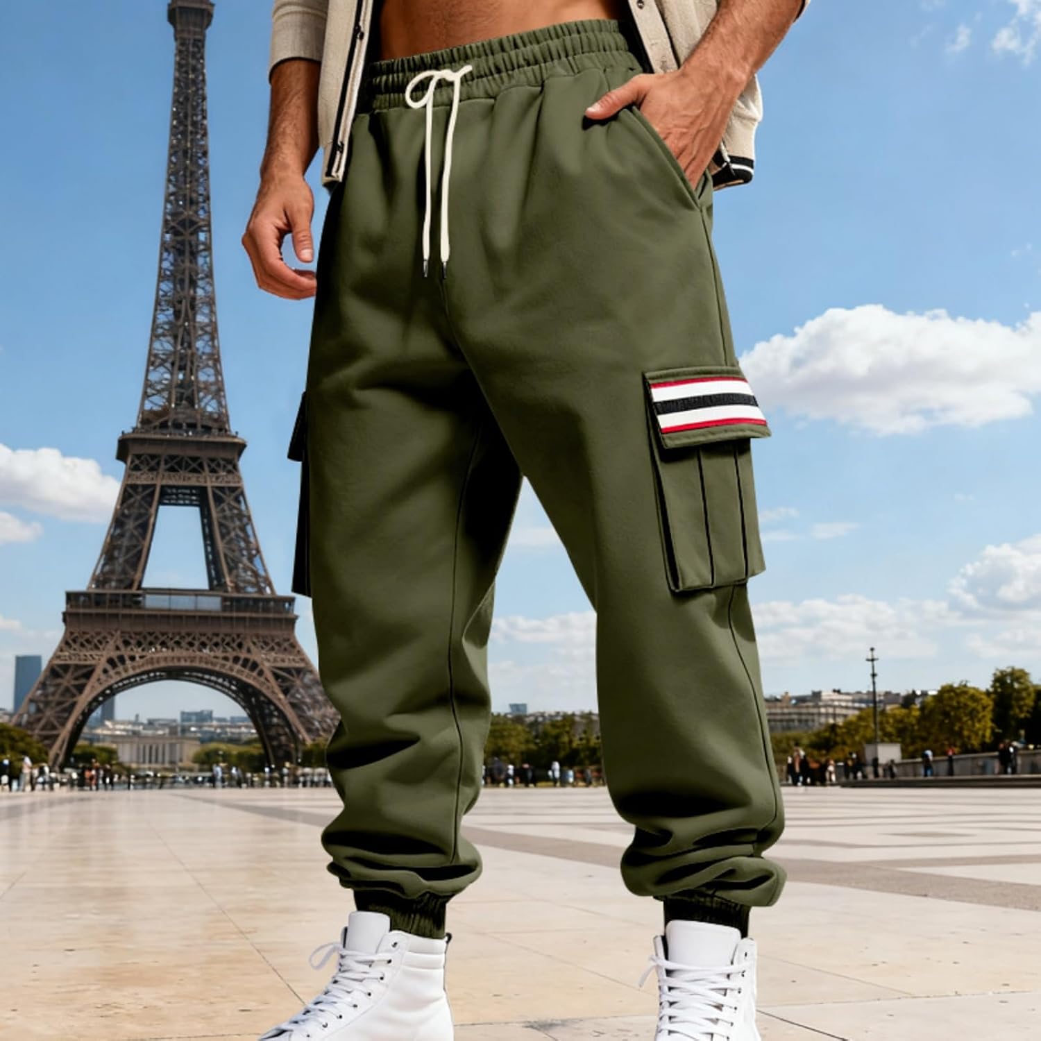 Mens Pants Joggers Khaki Men's Fleece Sweatpants Casual Loose Fit Cargo Pants Elastic Waist Lounge Tapered Joggers with Pockets Wide Leg Yoga Clothing Gifts for Men(Army Green,M)