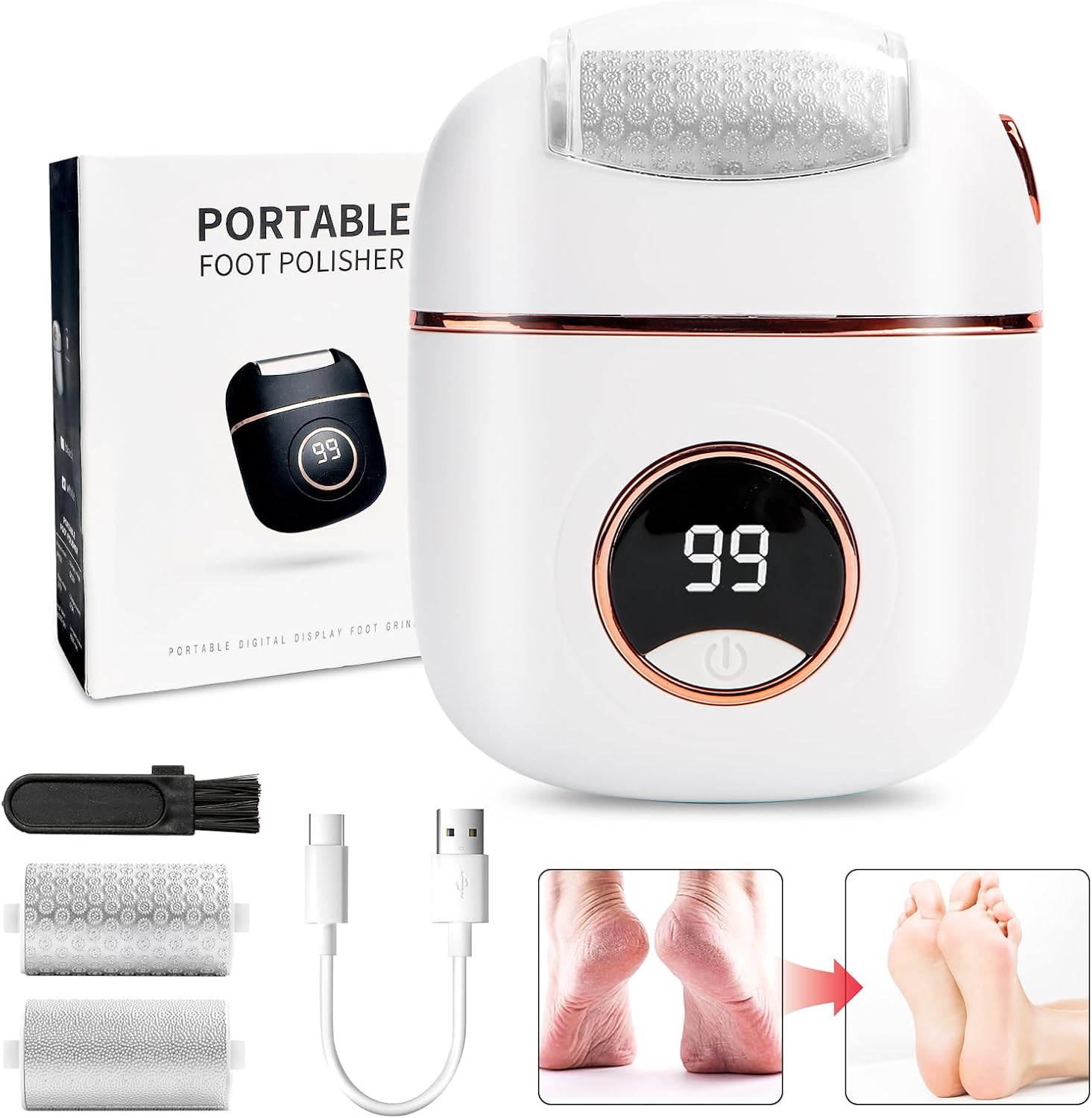 Product image of Râpe électrique pour callosités et callosités - Kit de pédicure électrique - Avec roulettes de 2 pieds - Affichage à cristaux liquides - Lampe de travail rechargeable (blanc)