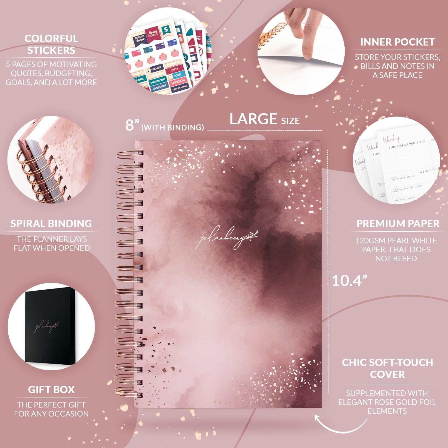 PLANBERRY Large Weekly Planner Premium – Undated Life & Budget Planner – Organizer & Productivity Journal, 8x10.4″ (Rose Gold)