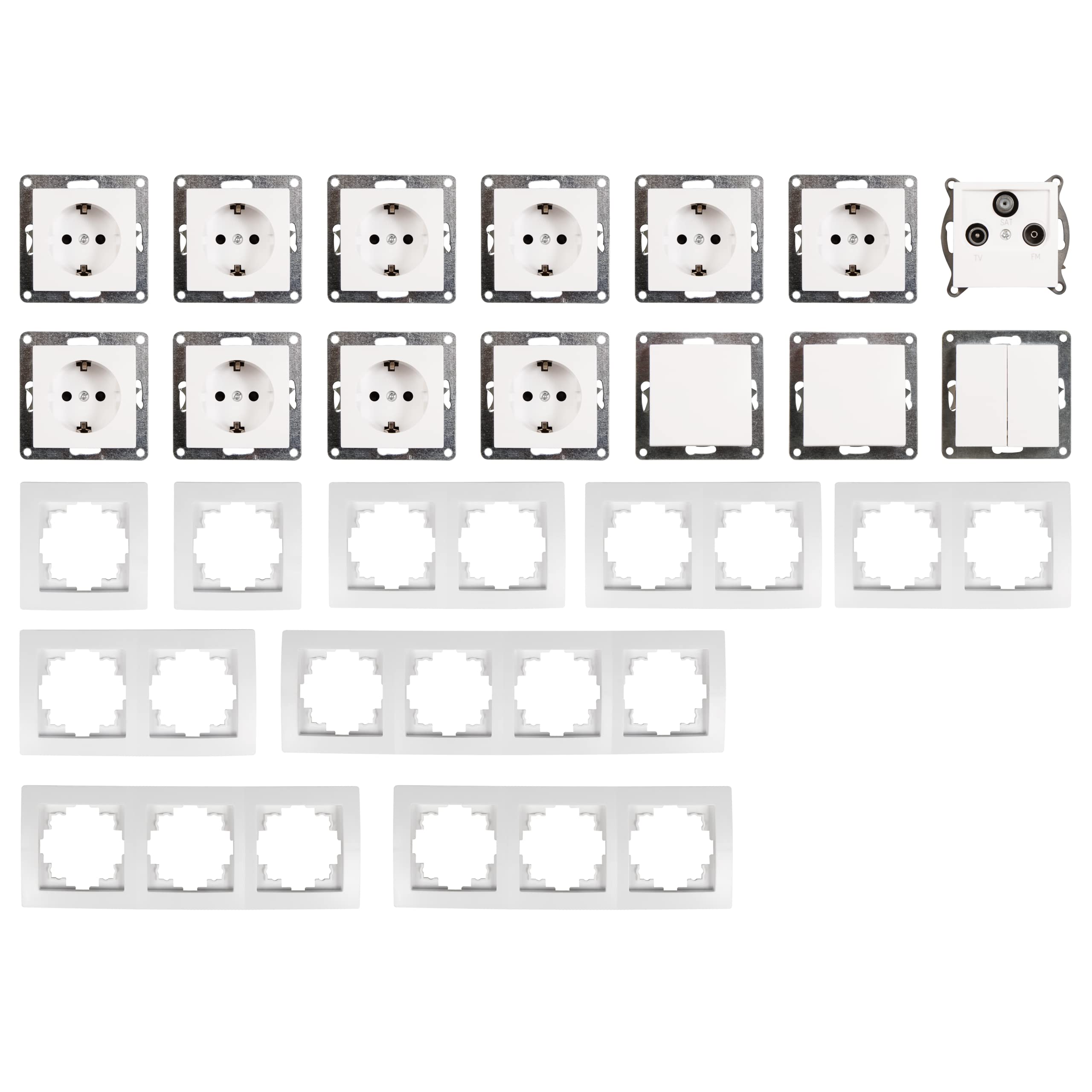 MC POWER - FLAIR - Steckdosen-Set und Schalter-Set I Komfort I 23-teilig I Serien-Schalter, Antennendose, Schutzkontakt-Steckdose, Rahmen 1fach 2fach 3fach 4fach weiß, matt