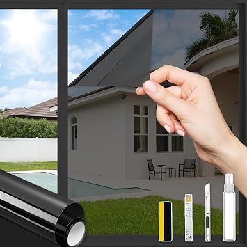 ConCus-T One Way Window Privacy Film with 4 Free Tools, Heat Control UV Blocking Window Tint for Home Reflective Mirror Film Static Cling Door Glass Covering, Black, 11.81" x 78.74"