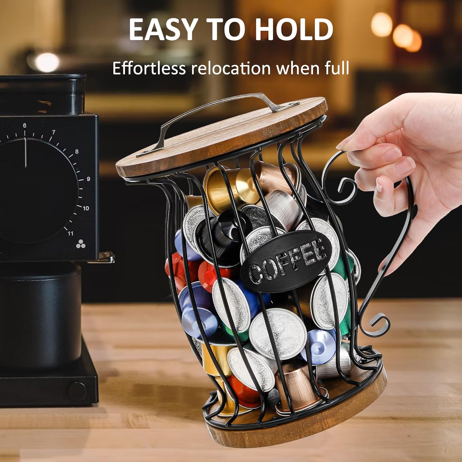 WRINGKIT Rustic Coffee Pod Holder with Lid, K Cup Pods Holder for Counter, Large Capacity Black Wire Coffee Pod Filter Storage Basket for Espresso Capsule, Wooden Base