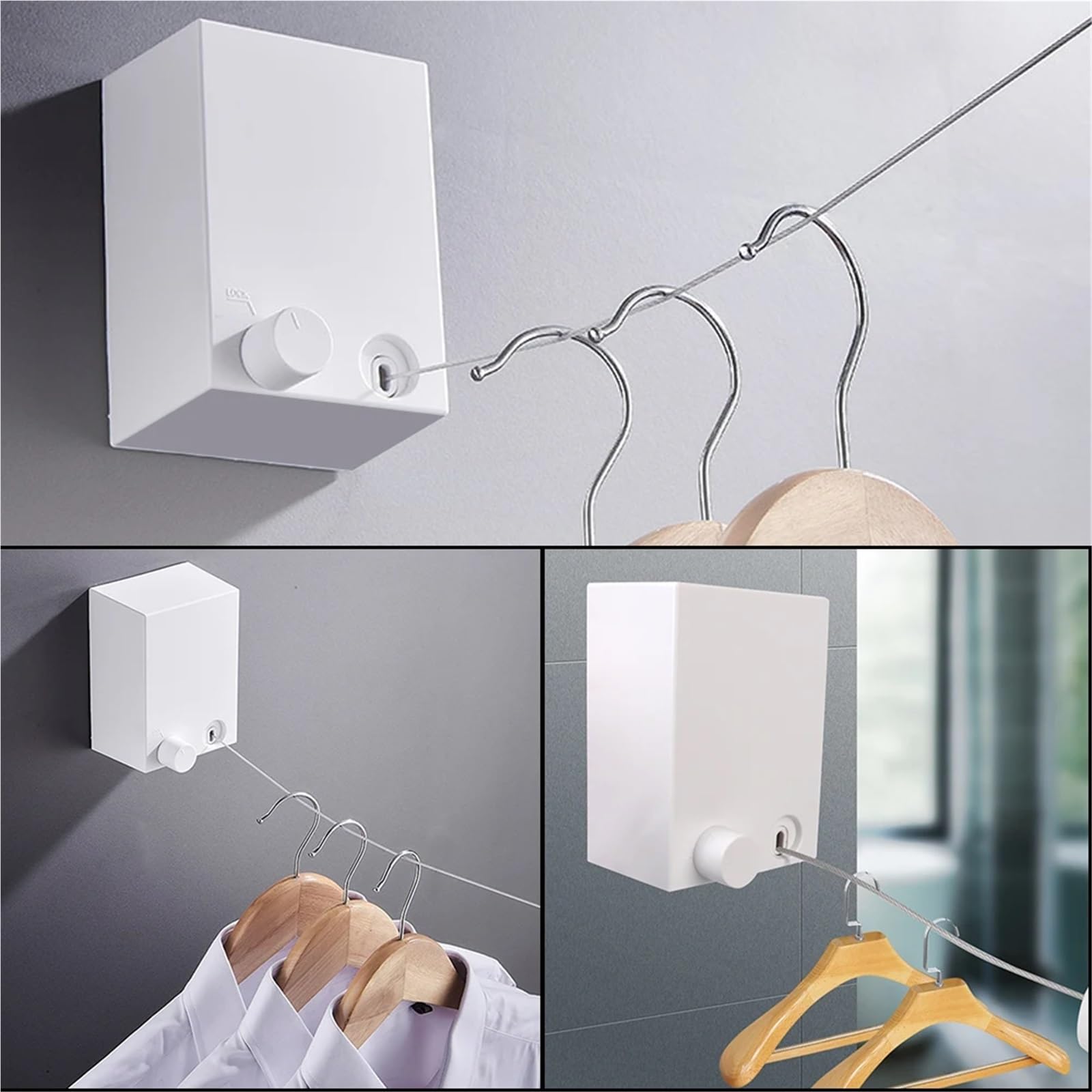 Einziehbare Wäscheleine for Waschen von Kleiderbügeln, Wäschetrocknungslinie for den Innen- und Außenbereich, an der Wand montierter Balkon, unsichtbare Trockenleinen