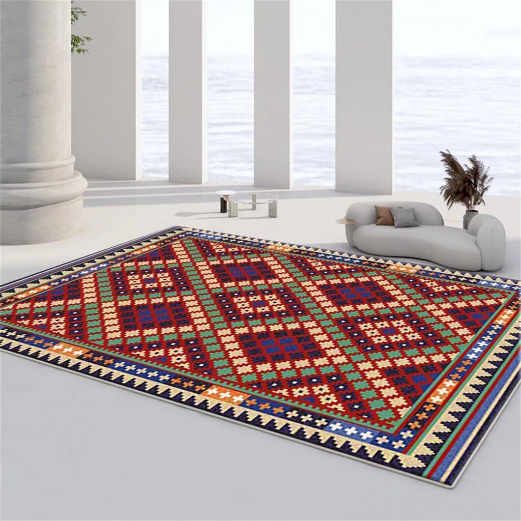 Tapis de salon géométrique rétro rouge 140x200cm lavable et antidérapant