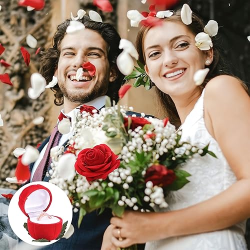 Vista 2 de Caja de almacenamiento para anillos de flores de rosas rojas, rosa romántica con tallo, caja de almacenamiento para anillos de compromiso