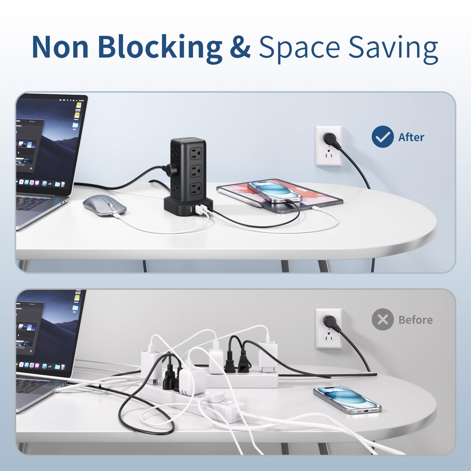 AnnTane - Banda di alimentazione con protezione da sovratensione da 1,8 m, torre di alimentazione multipresa con 4 porte USB (1 USB C), cavo di prolunga con 12 prese di corrente alternata,