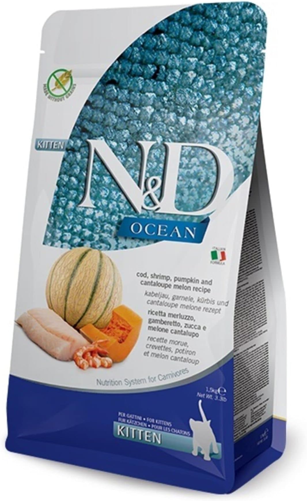 Farmina N&D Ocean Kitten Pellets Cat Food (Dry Food Vitamins and Natural Antioxidants, Corn Free, Ingredients: Cod, Shrimp and Honeydew Melon, Serving Size: 1.5 kg)