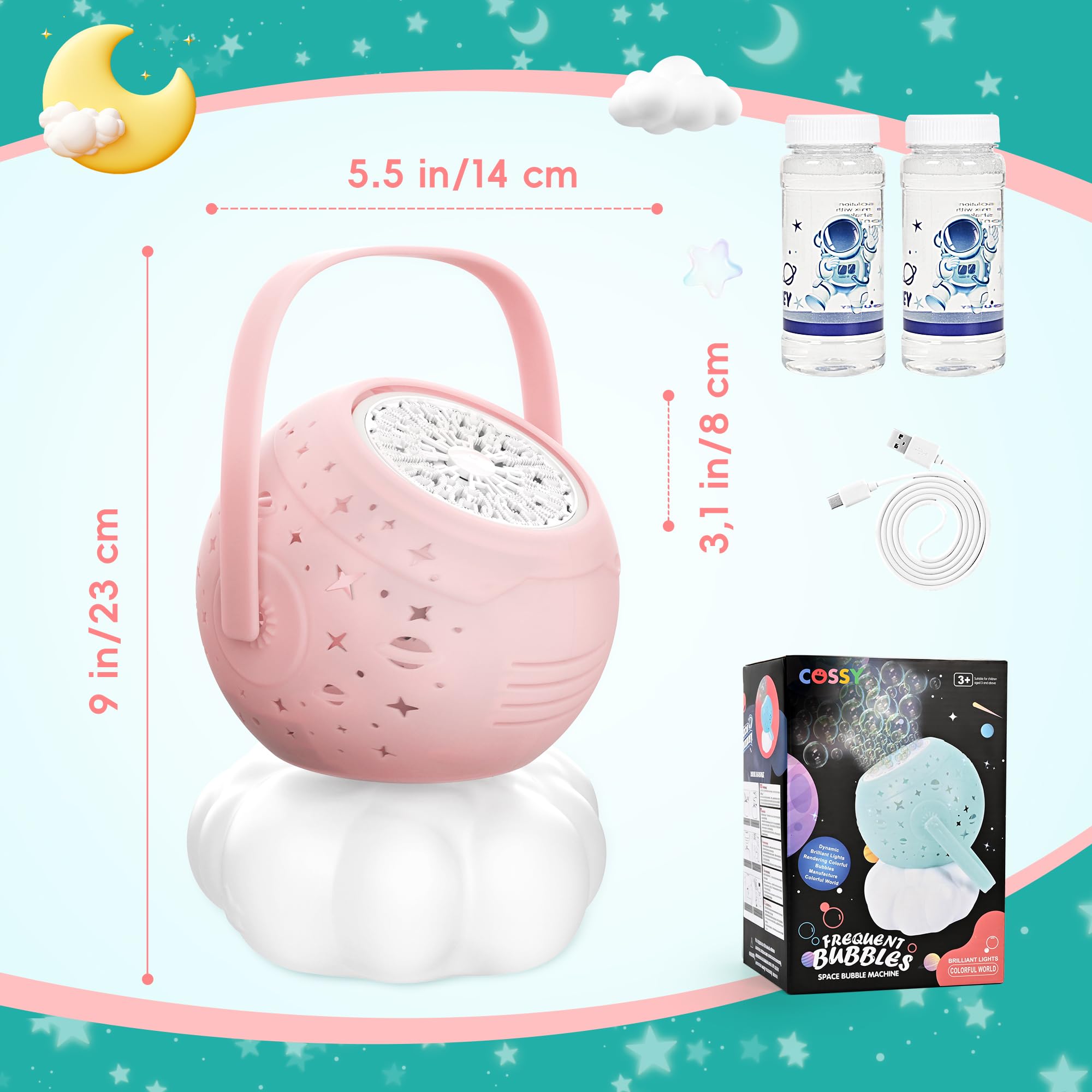 cossy Bubble Machine, Rechargeable Bubble Machine for Kids Portable Bubble Blower with Warm Lights - Image 4