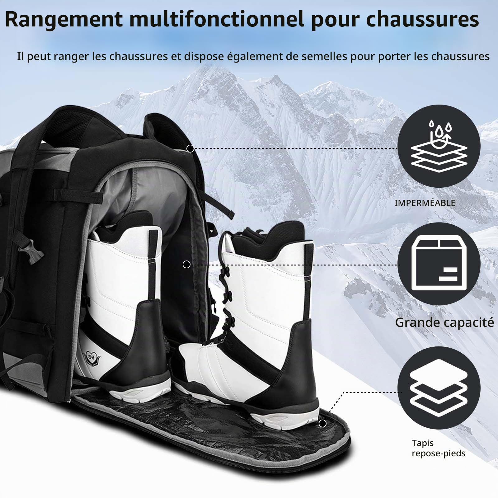 Sac à Chaussures De Ski, Grand Sac De Ski 65 L Pour Chaussures De Ski De Sport Sac à Dos De Ski De Randonnée Utilisable Pour Le Snowboard Les Chaussures De Ski Les Patins à Glace Le Casque Gants