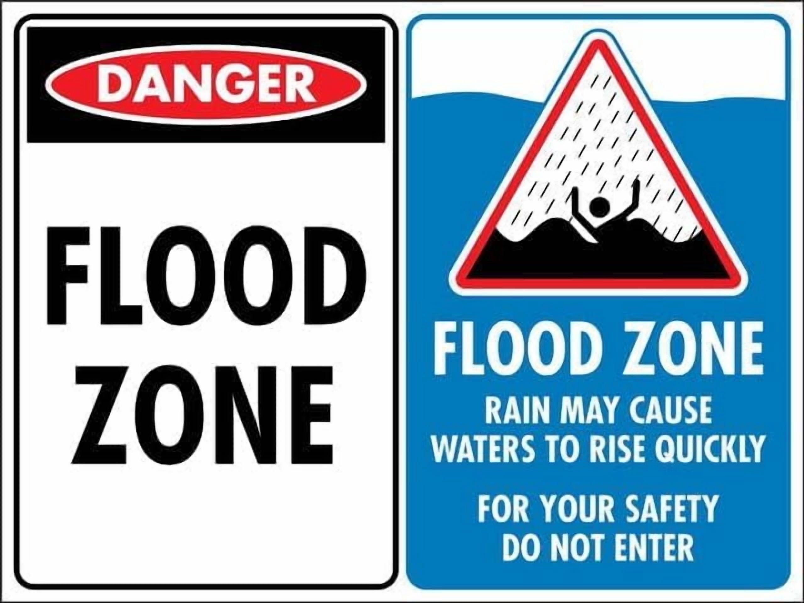 (2-Pack) Metal Tin Sign Danger Flood Zone Sign, 12 X 8 Inches Rust Free Weather Resistant Durable In Easy To Mount