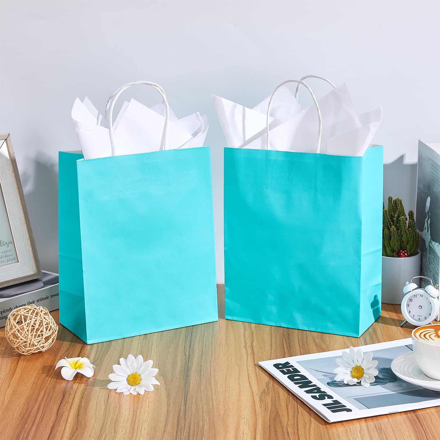 DjinnGlory 24 Pack Medium Size Teal Blue Paper Gift Bags with Handles 10x8x4 Inch and 24 Tissue Paper for Birthday Wedding Baby Bridal Shower Party Favors, Merchandise Shopping Bags