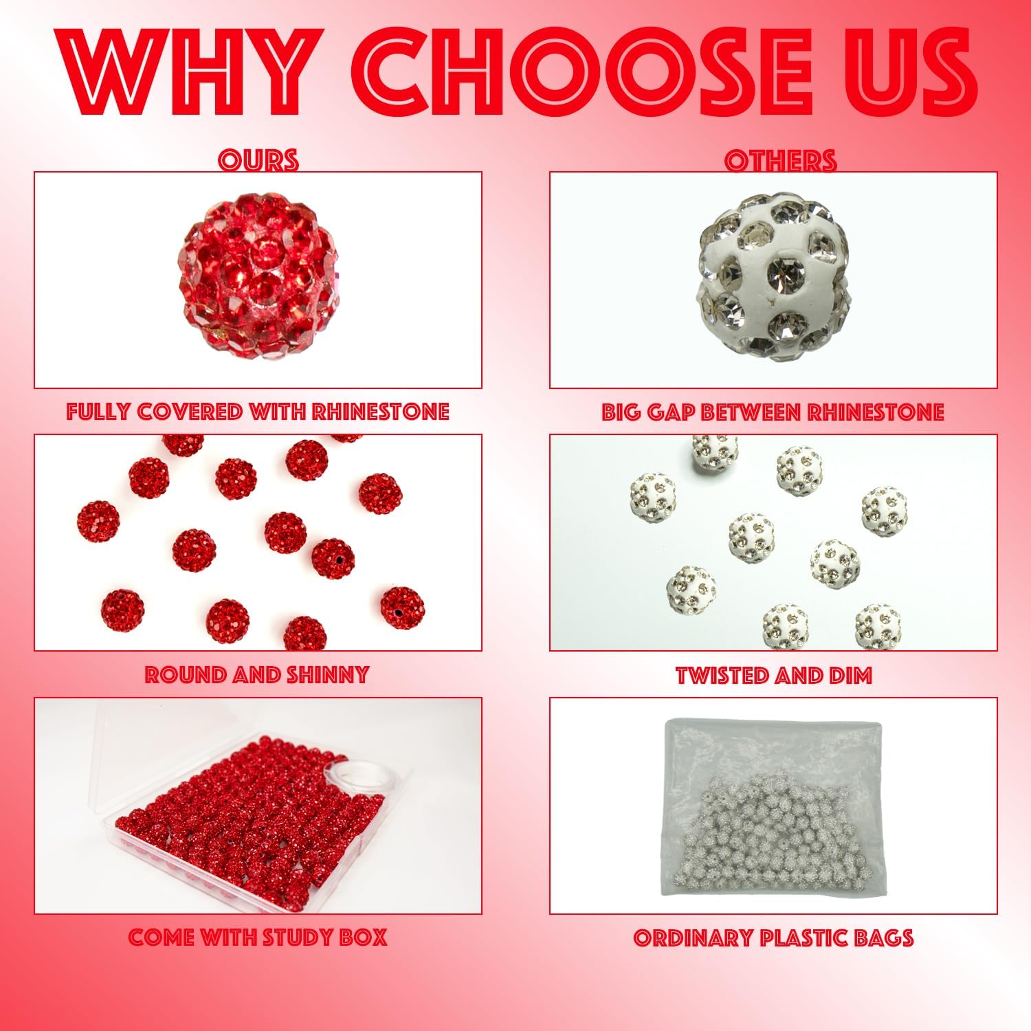 150 Pcs 10mm Rhinestone Clay Beads Red Polymer Clay Crystal Sparkle Pave Disco Ball Bead Round Diamond Bulk Beads for Bracelet Necklace Earring Jewelry Making (Red) - Image 3