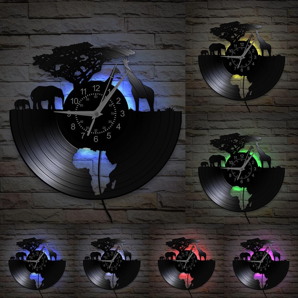 12 Inch African Wildlife Giraffe Wall Clock 7 Color Changing, Elephant Giraffe LED Wall Clock Night Light Silent Non Ticking Battery Operated Vinyl Clock Wall Watch for Nursery
