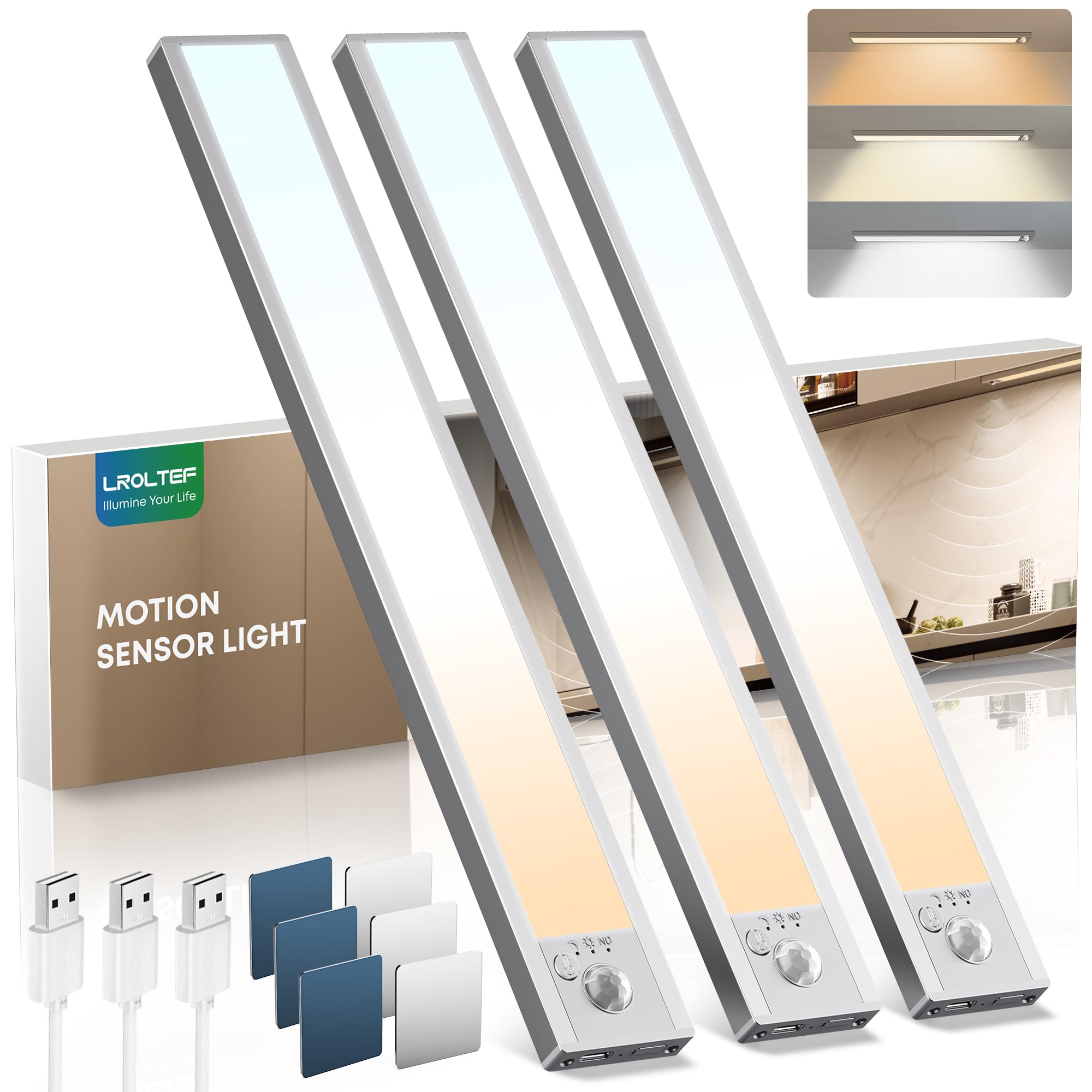 LROLTEF Luce LED Sottopensile Cucina 30CM 2200mAh 3 Temperature Colore 52 LED Sensore di Movimento per Luci - Luce Armadio Lampada Dimmerabile per Cucina Scale Soggiorno Bagno| 3 Pezzi