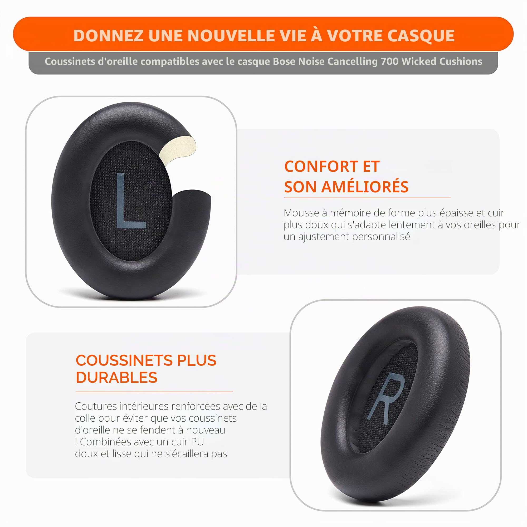 Bose Noise Cancelling 700 (NC700) Coussinets par Wicked Cushions – Cuir Souple, Mousse à mémoire de Forme, Épaisseur Accrue, Noir