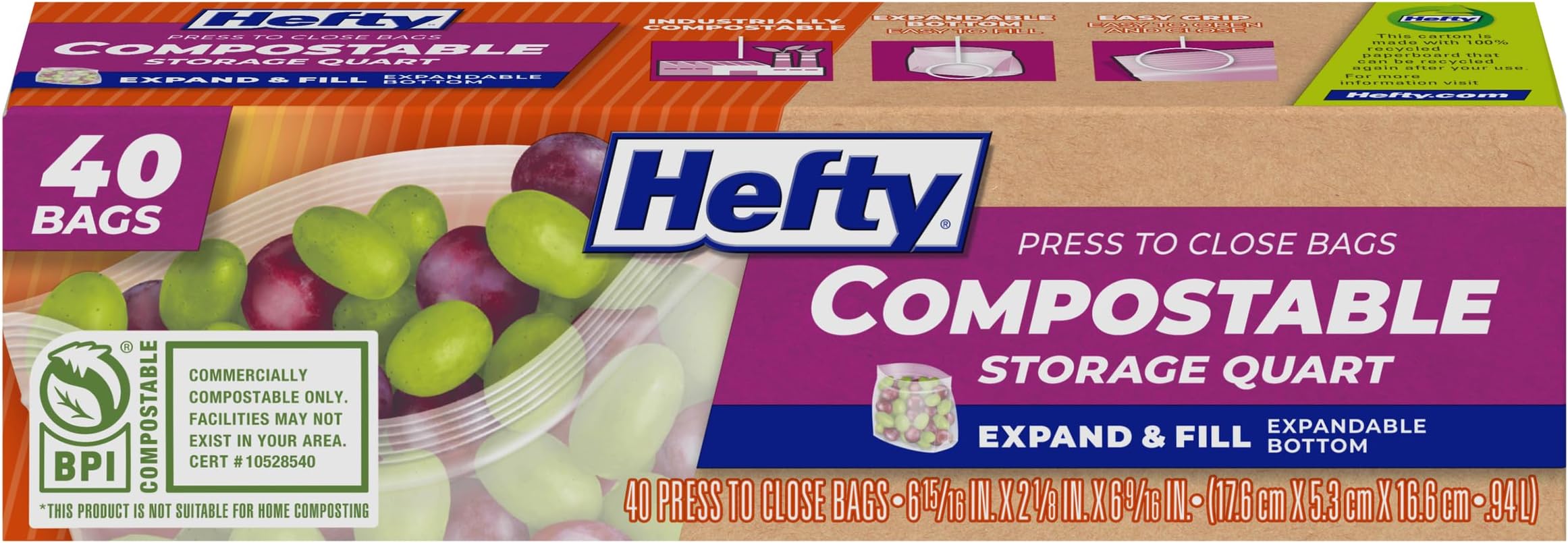 Hefty Compostable Press-To-Close​ Quart 40 Count