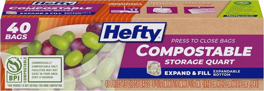 Hefty Compostable Press-To-Close Storage Bags, Quart Size, 40 Count