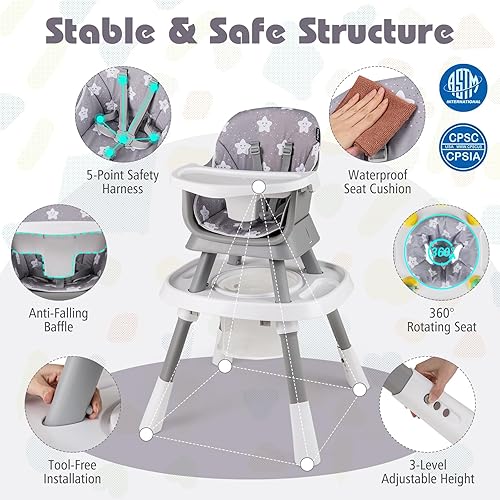 Miniatura 7 de HONEY JOY Silla alta 16 en 1 para bebé, silla alta convertible para bebés y niños pequeñosasiento elevadorcentro de actividades con juguetes, mesa y
