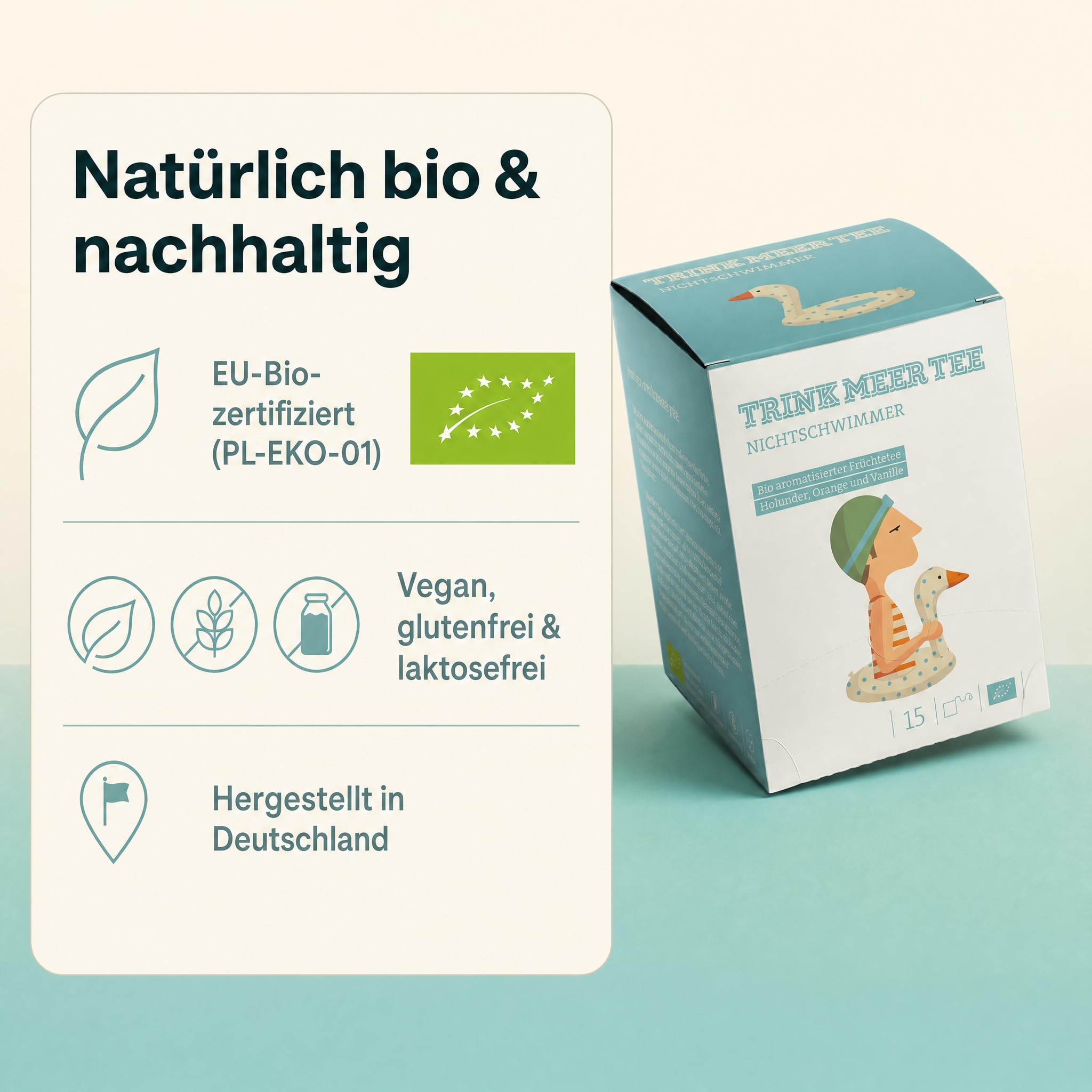 6 x Trink Meer Tee Früchtetee Nichtschwimmer, aromatisiert mit Holunder, Orange und Vanille, handgenähte Kissenbeutel, koffeinfrei, vegan und glutenfrei, zertifiziert, 30 Kissenteebeutel