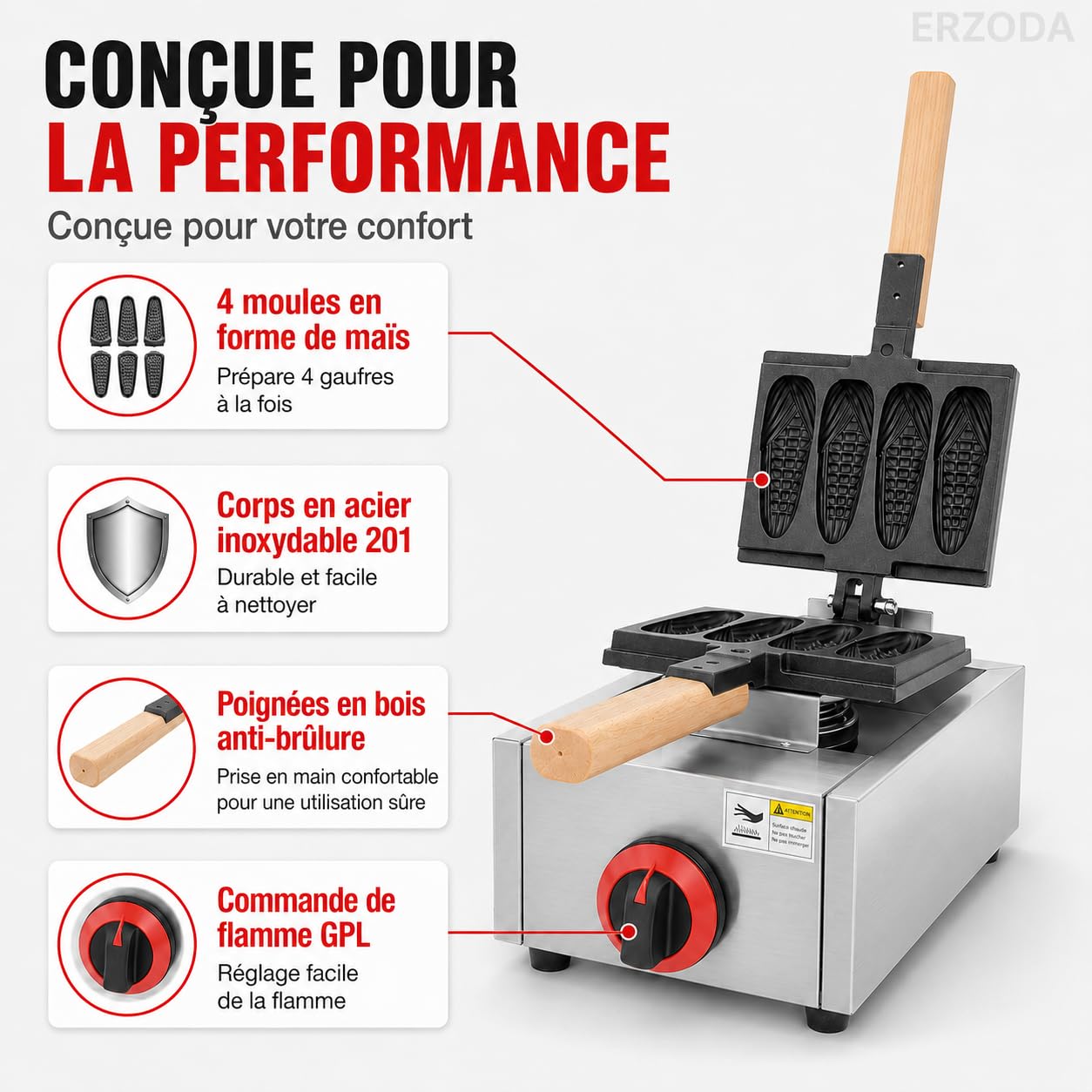 ERZODA Machine à Gaufres au Gaz GPL, Gaufrier Commercial Forme Épi de Maïs, 4 Moules, Acier Inoxydable, pour Snack Food Truck et Stand de Marché