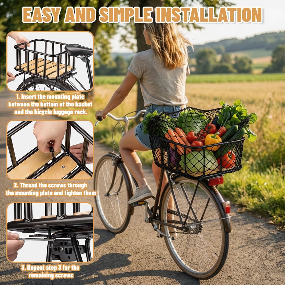 Cestino Posteriore per Bicicletta, Cestino in Acciaio per Portapacchi con Fondo in Legno, Copertura Impermeabile e Rete da Carico – Elevata Capacità di Carico per E-Bike, Uso Quotidiano e Viaggi