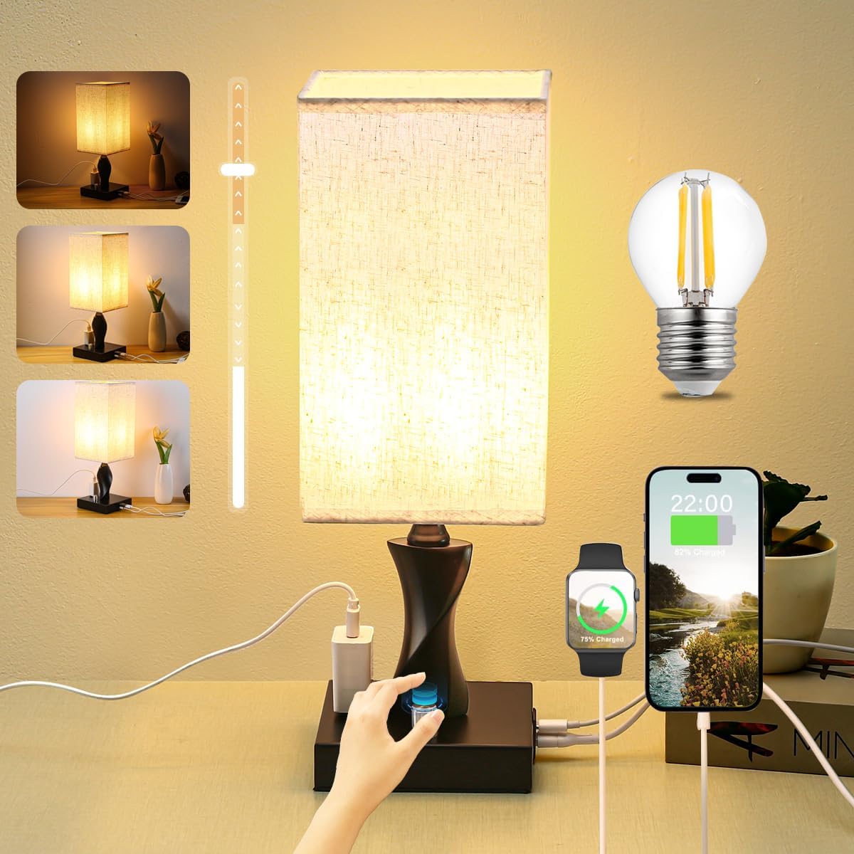 Bedside table lamp Dimmable with USB Ports and outlets, Small end desk Nightstand Lamps with