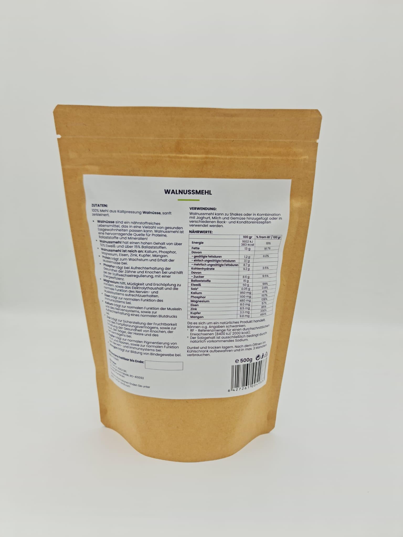 Harina de nueces, 500 g, fibra alimenticia de Hortus Verdi, sin gluten, harina de nueces, 100% natural, vegana, rica en proteínas