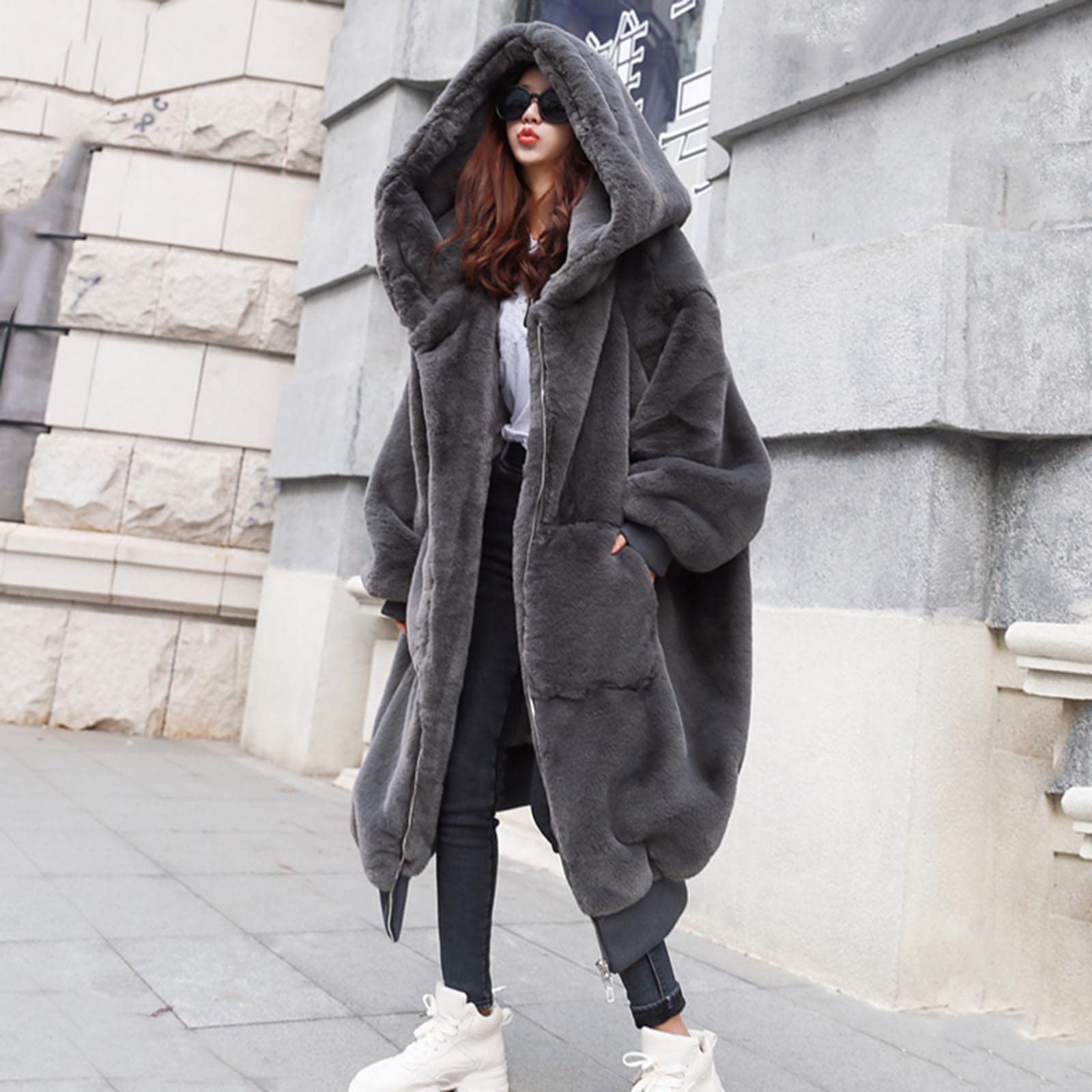 Plüschjacke Damen Lang - Teddy Kapuzenmantel Winter Warm Kapuzenjacke