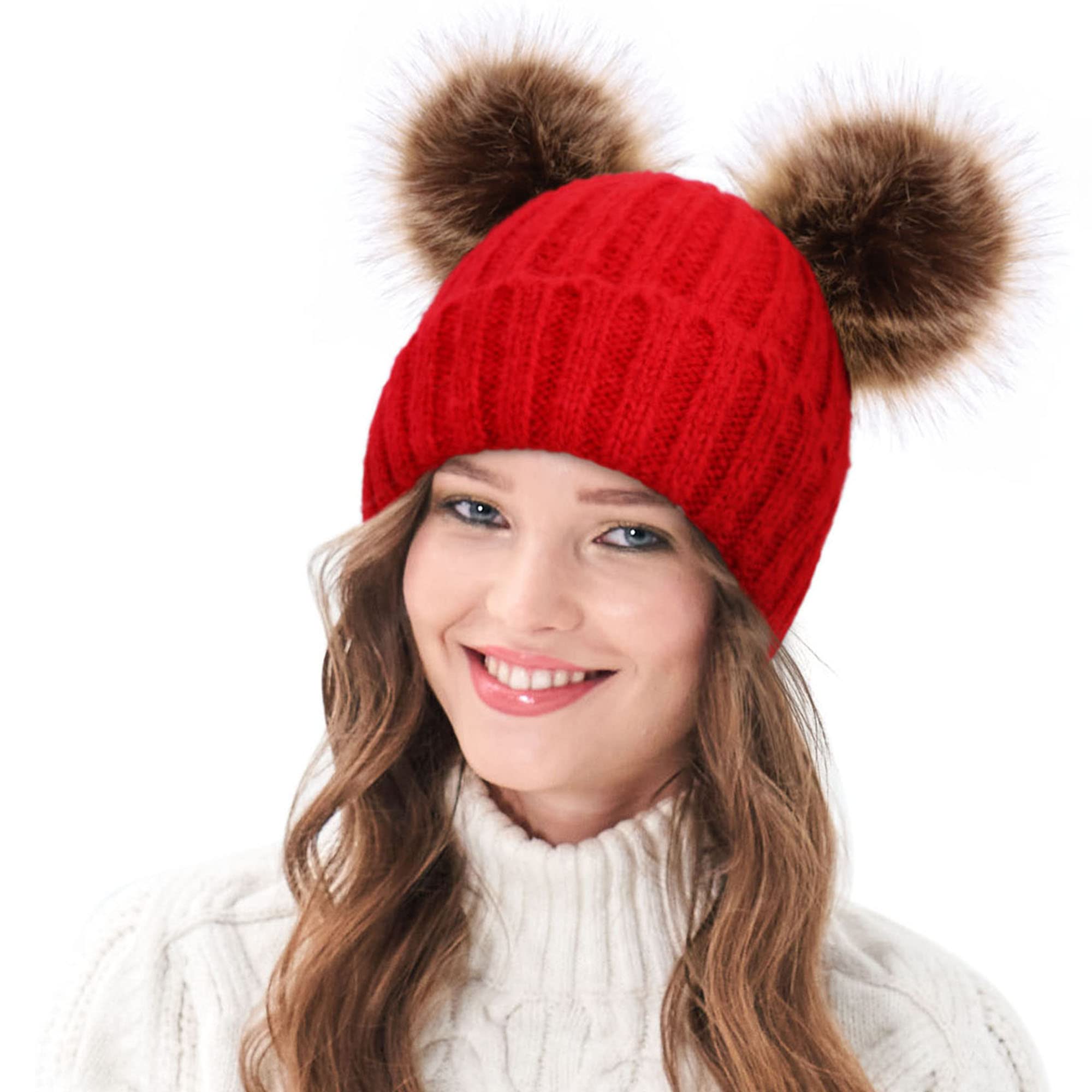 Arctic PawWomens Winter Hat Cable Knit Beanie for Women Faux Fur Pompom Ears, Red, One size